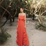 Getadme Trendy Women Summer Holiday Dress Orange Pleated Chiffon Long Formal Dresses Custom Made Ruffled Strapless Beach Party Dress
