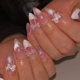 GETADME 24개입 중간 길이 아몬드 프레스온 네일 팁 누드 캣츠아이 착용 가능 가짜 네일 버터플라이 라인스톤 펄 풀커버 가짜 네일