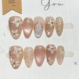 GETADME 10Pcs Nude Pink Press on Nail Gold Stripe Bow Design Stick-on Nail Set Reusable Short Almond 3D Flora White French Acrylic Nails