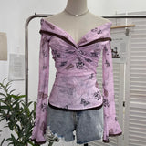 GETADME Patched Ruffled Mesh Slash Collar T Shirts Girl Short Sleeve Off Shoulder Sweet Slim Tshirt Tee Women Summer Tops