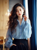 Getadme-Women's Shirt and Blouse Button Up Loose Summer Female Tops Blue Chiffon Full Long Sleeve Elegant 2024 Y2k Fashion Clothes Blue