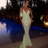 GETADME Yellow Sequins Maxi Beach Dress Women Sexy Backless Slim Party Fishtail Dresses Summer Mesh Patchwork Sheer Holiday Dress 2025