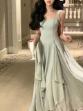 Getadme Elegant Dresses for Women Ruffles Evening Party Dress Sleeveless Square Collar A Line Solid New Summer Prom Robe Korean Vestido