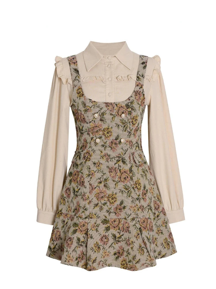 GETADME Elegant Vintage Floral Dress Women Fake Two Piece Patchwork Ruffles Chic Korean Fashion Female Dresses Autumn