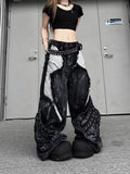 GETADME Vintage Patchwork Distressed Jeans Hip Hop Loose Wide Leg Cargo Pants Women's Washed Distressed Denim Trousers