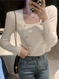 GETADME Short Square Collar Crop Top Knitted Sweater Women Korean Clothes Love Button Long Sleeve Sweaters 2022 Autumn Winter Pullover