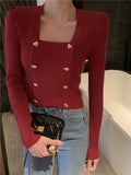 GETADME Short Square Collar Crop Top Knitted Sweater Women Korean Clothes Love Button Long Sleeve Sweaters 2022 Autumn Winter Pullover