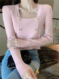 GETADME Short Square Collar Crop Top Knitted Sweater Women Korean Clothes Love Button Long Sleeve Sweaters 2022 Autumn Winter Pullover