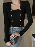 GETADME Short Square Collar Crop Top Knitted Sweater Women Korean Clothes Love Button Long Sleeve Sweaters 2022 Autumn Winter Pullover