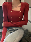 GETADME Short Square Collar Crop Top Knitted Sweater Women Korean Clothes Love Button Long Sleeve Sweaters 2022 Autumn Winter Pullover