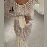 GETADME Show Style U-Neck Bodycon Mermaid Party Dress 2025 Elegant Stitch Hollow Out Evening Dress Women Long Sleeve Embroidery Dress