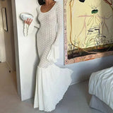 GETADME Show Style U-Neck Bodycon Mermaid Party Dress 2025 Elegant Stitch Hollow Out Evening Dress Women Long Sleeve Embroidery Dress