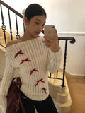 GETADME Skew Collar Off Shoulder Knitted Tops Women 2025 Spring Autumn New Bottoming Pullovers Y2k Long Sleeve Slim Fit Sweaters