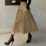 GETADME Skirts Womens Korean Fashion Solid Color Big Swing Ladies Skirt Long Skirt 2025 Autumn Wild High Waist Bow Slim Skirts