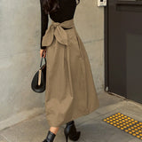 GETADME Skirts Womens Korean Fashion Solid Color Big Swing Ladies Skirt Long Skirt 2025 Autumn Wild High Waist Bow Slim Skirts