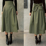 GETADME Skirts Womens Korean Fashion Solid Color Big Swing Ladies Skirt Long Skirt 2025 Autumn Wild High Waist Bow Slim Skirts