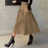 GETADME Skirts Womens Korean Fashion Solid Color Big Swing Ladies Skirt Long Skirt 2025 Autumn Wild High Waist Bow Slim Skirts