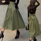 GETADME Skirts Womens Korean Fashion Solid Color Big Swing Ladies Skirt Long Skirt 2025 Autumn Wild High Waist Bow Slim Skirts