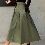 GETADME Skirts Womens Korean Fashion Solid Color Big Swing Ladies Skirt Long Skirt 2025 Autumn Wild High Waist Bow Slim Skirts