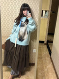 GETADME Sky Blue Lovely Cute Kitten Cat Pattern Jacquard Sweater Y2K E-girl Loose Winter Knitwear Tops Japanese Harajuku Kawaii Clothes