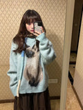 GETADME Sky Blue Lovely Cute Kitten Cat Pattern Jacquard Sweater Y2K E-girl Loose Winter Knitwear Tops Japanese Harajuku Kawaii Clothes