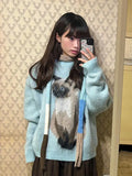 GETADME Sky Blue Lovely Cute Kitten Cat Pattern Jacquard Sweater Y2K E-girl Loose Winter Knitwear Tops Japanese Harajuku Kawaii Clothes