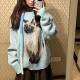 GETADME Sky Blue Lovely Cute Kitten Cat Pattern Jacquard Sweater Y2K E-girl Loose Winter Knitwear Tops Japanese Harajuku Kawaii Clothes
