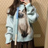 GETADME Sky Blue Lovely Cute Kitten Cat Pattern Jacquard Sweater Y2K E-girl Loose Winter Knitwear Tops Japanese Harajuku Kawaii Clothes