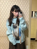 GETADME Sky Blue Lovely Cute Kitten Cat Pattern Jacquard Sweater Y2K E-girl Loose Winter Knitwear Tops Japanese Harajuku Kawaii Clothes