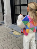 GETADME Sleeve Patchwork Female Sweaters 2025 Elegant Casual Lady Top Hollow Out Colorful Kint Cardigan Women Sweater Autumn Long Puff