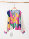GETADME Sleeve Patchwork Female Sweaters 2025 Elegant Casual Lady Top Hollow Out Colorful Kint Cardigan Women Sweater Autumn Long Puff