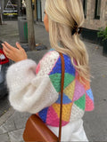 GETADME Sleeve Patchwork Female Sweaters 2025 Elegant Casual Lady Top Hollow Out Colorful Kint Cardigan Women Sweater Autumn Long Puff