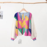 GETADME Sleeve Patchwork Female Sweaters 2025 Elegant Casual Lady Top Hollow Out Colorful Kint Cardigan Women Sweater Autumn Long Puff