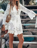 GETADME Solid Color V-neck Lace Dress, Vacation Style Flare Sleeve Cover Up Beach Wear Dress For Summer, Women's Clothing