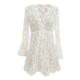 GETADME Solid Color V-neck Lace Dress, Vacation Style Flare Sleeve Cover Up Beach Wear Dress For Summer, Women's Clothing