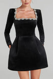 GETADME Solid Square Collar Long Sleeve Velvet Gown Elegant High Waist A-line Beaded Dresses New Lady Christmas Evening Party Vestidos ﻿