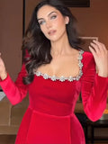 GETADME Solid Square Collar Long Sleeve Velvet Gown Elegant High Waist A-line Beaded Dresses New Lady Christmas Evening Party Vestidos ﻿