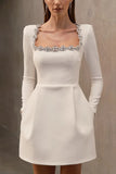GETADME Solid Square Collar Long Sleeve Velvet Gown Elegant High Waist A-line Beaded Dresses New Lady Christmas Evening Party Vestidos ﻿