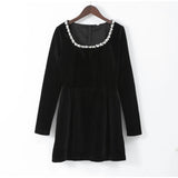 GETADME Solid Square Collar Long Sleeve Velvet Gown Elegant High Waist A-line Beaded Dresses New Lady Christmas Evening Party Vestidos ﻿