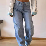 GETADME Spliced Wide Leg Denim Pants High Waist Jeans Women Ankle Length Jean Washed Loose Fit Pockets Zipper Fly Basics Solid 2025