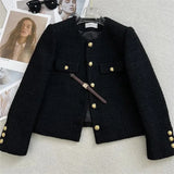 GETADME Spring Autumn 2024 New Coat For Women High Quality Sense Round Neck Small Fragrance Short Tweed Exquisite Coat Female French Top