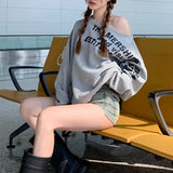 GETADME Spring Autumn New Skew Collar Long Sleeve Fashion Sweatshirts Women High Street Letter Printing Pullovers Elegant Loose Tops