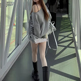 GETADME Spring Autumn New Skew Collar Long Sleeve Fashion Sweatshirts Women High Street Letter Printing Pullovers Elegant Loose Tops