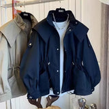 GETADME Spring Autumn Oversized Casual Waterproof Khaki Windbreaker Women Long Sleeve Hood Drawstring Zipper Jacket