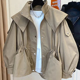 GETADME Spring Autumn Oversized Casual Waterproof Khaki Windbreaker Women Long Sleeve Hood Drawstring Zipper Jacket