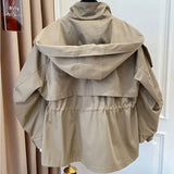 GETADME Spring Autumn Oversized Casual Waterproof Khaki Windbreaker Women Long Sleeve Hood Drawstring Zipper Jacket
