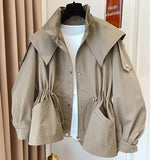 GETADME Spring Autumn Oversized Casual Waterproof Khaki Windbreaker Women Long Sleeve Hood Drawstring Zipper Jacket