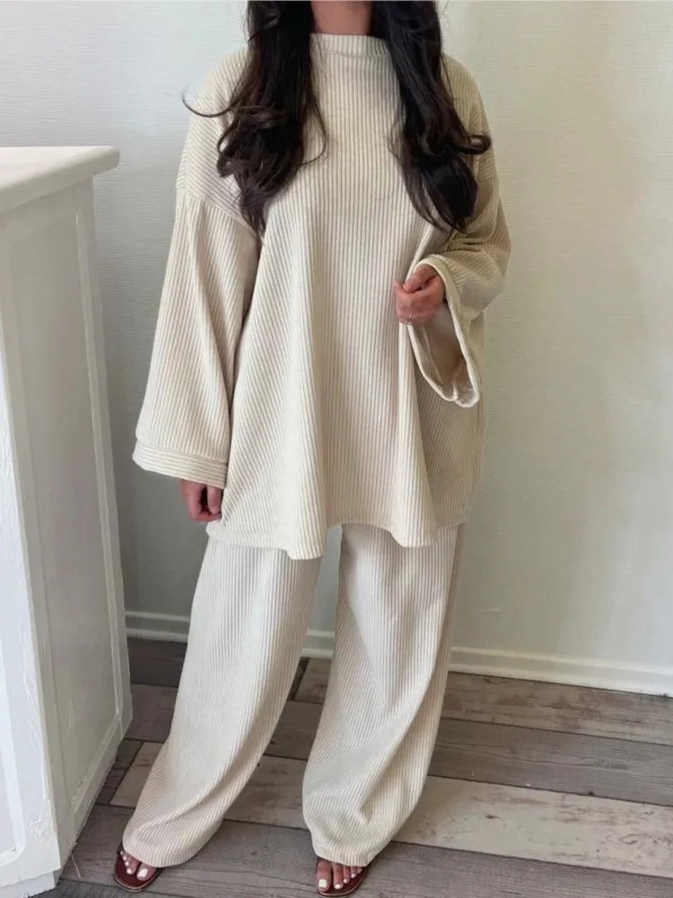 GETADME Spring Autumn Solid Color Corduroy Pants Sets Women Loose Long Sleeve Wide Legs Trousers Two Piece Set Female Commuting Clothing