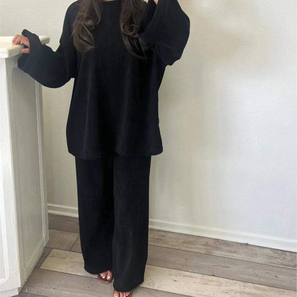 GETADME Spring Autumn Solid Color Corduroy Pants Sets Women Loose Long Sleeve Wide Legs Trousers Two Piece Set Female Commuting Clothing