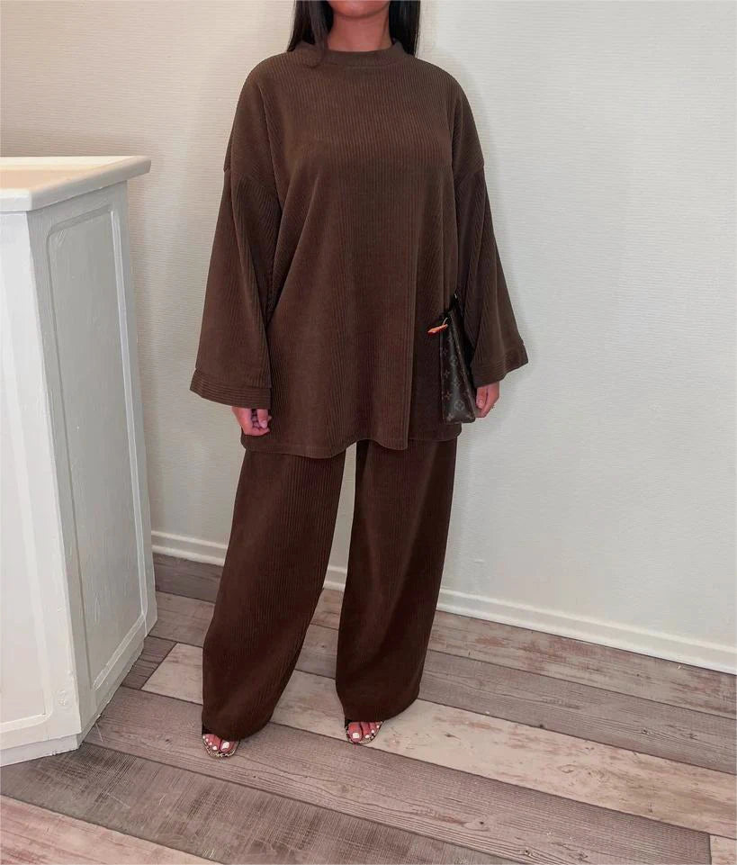 GETADME Spring Autumn Solid Color Corduroy Pants Sets Women Loose Long Sleeve Wide Legs Trousers Two Piece Set Female Commuting Clothing